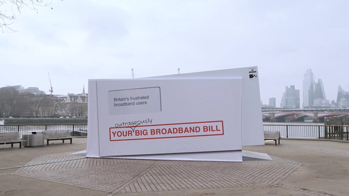 Hyperoptic PR stunt on Southbank showing a large envelope with large broadband bill